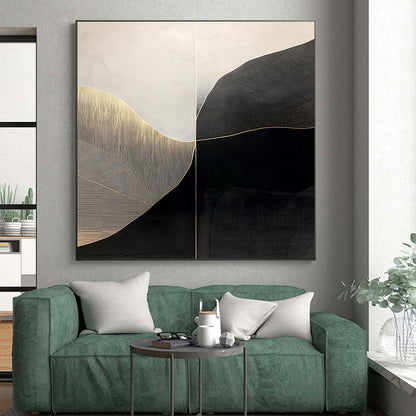 Black, White, Gold, Curved Geometry "Gilded Horizon" Abstract Modernist Painting On Canvas HB140