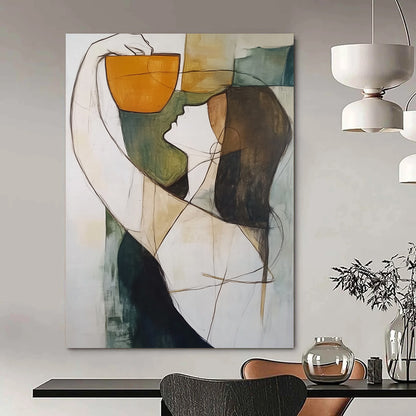 Contemporary abstract artwork featuring a figure cradling an orange cup against a soothing blend of gray green black and blue tones. DLZ1302