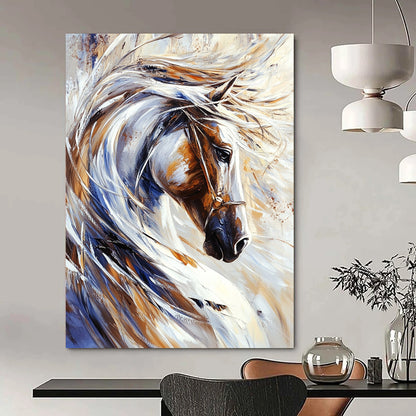 Contemporary abstract painting featuring a majestic white horse with flowing mane and dynamic brush strokes on a pristine background. DLZ1531