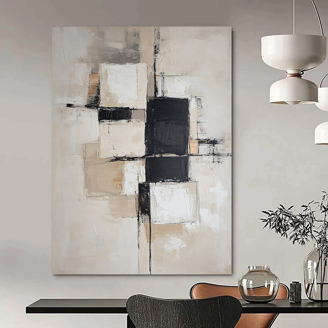 Contemporary hand-painted abstract art featuring soft beige and white blocks with black squares, designed with a neutral color palette and gentle edges. DLZ0517