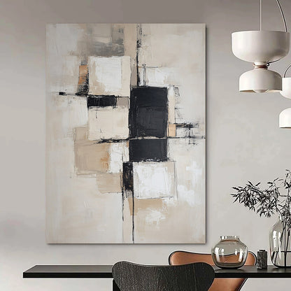 Contemporary hand-painted abstract art featuring soft beige and white blocks with black squares, designed with a neutral color palette and gentle edges. DLZ0517
