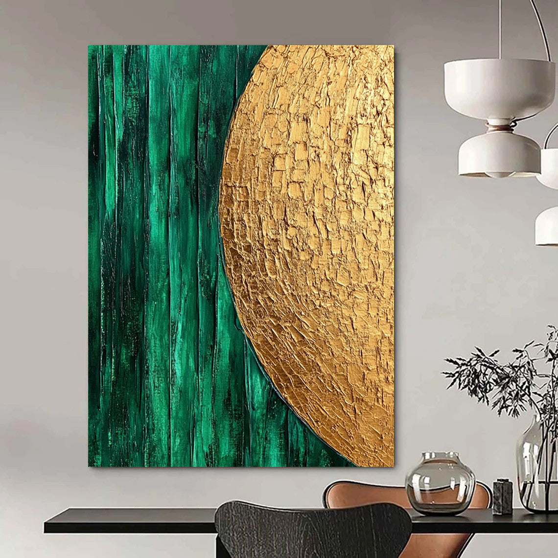 Contemporary hand-painted abstract art featuring emerald green and gold with smooth brush strokes and organic white textured patterns. DLZ0916