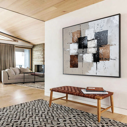 “Black White Brown Abstract Squares” - Black, White, Brown, Splattered Forms - Painting On Canvas HB1421