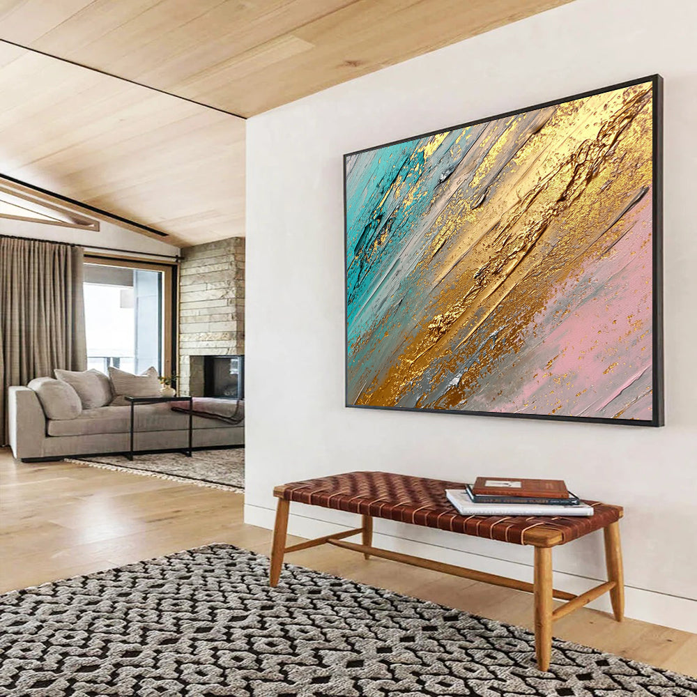 “Teal and Gold Textures” - Teal, Gold, Gray, Pink, Layered Textures - Abstract Impasto Acrylic Painting HB1548