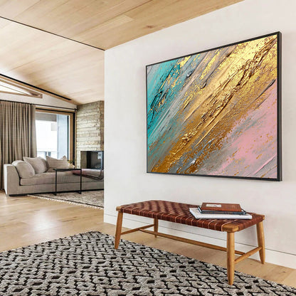 “Teal and Gold Textures” - Teal, Gold, Gray, Pink, Layered Textures - Abstract Impasto Acrylic Painting HB1548
