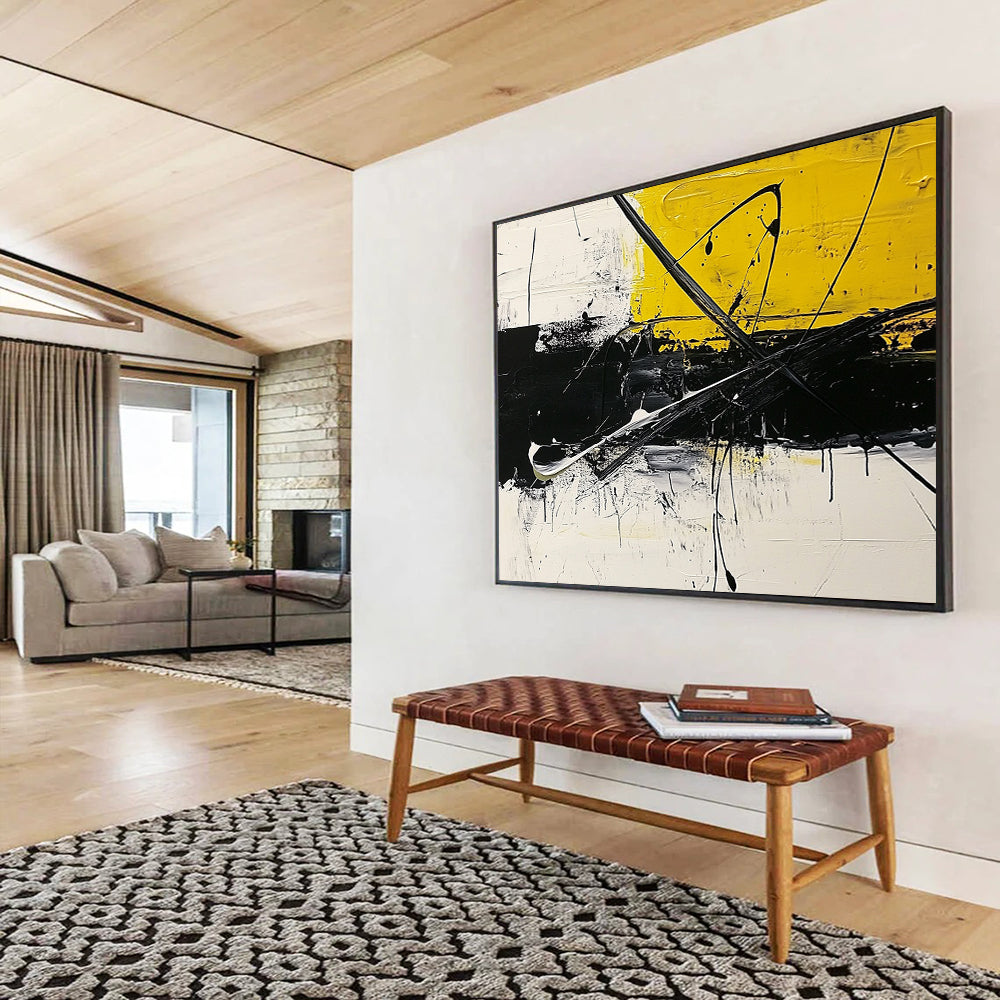 “Bold Yellow - Black Strokes” - Yellow, Black, White, Dynamic Abstract Lines - Acrylic Painting HB1626