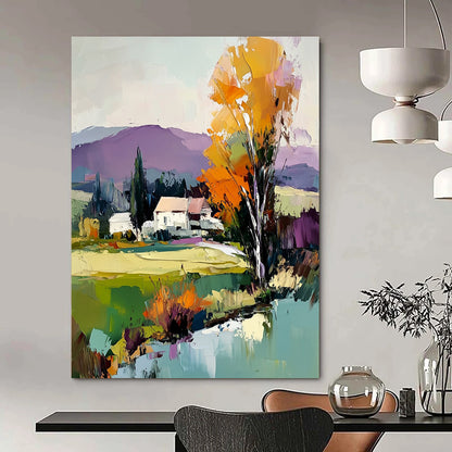 Contemporary abstract painting featuring vibrant trees, a house, and a flowing river under a light blue sky with distant purple mountains. DLZ1588