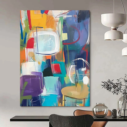 Contemporary abstract artwork features vibrant shapes and playful forms with lively backgrounds of everyday objects for a fun decor enhancement. DLZ0944