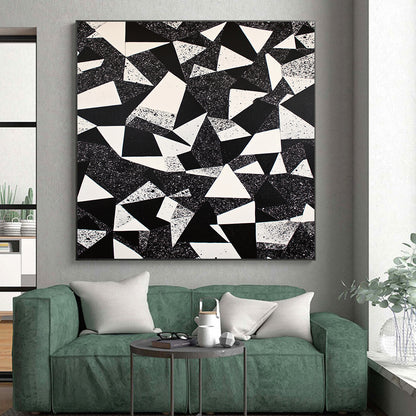Black, White and Speckled Geometric Triangles "Starry Triangles" Painting On Canvas HB391