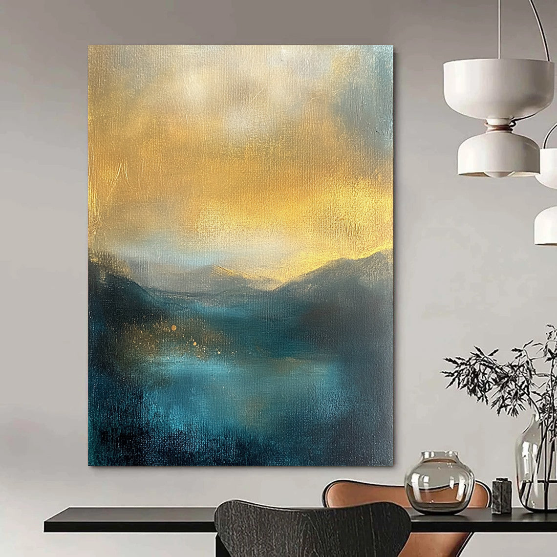 Contemporary abstract painting featuring misty mountains golden sky textured in teal and yellow tones perfect for adding elegance to any space. DLZ0486