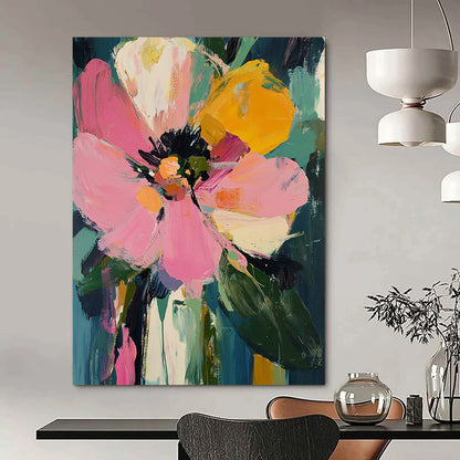 Vibrant contemporary painting featuring oversized pink and yellow flowers, lush dark green leaves, and expressive thick brush strokes. DLZ0381
