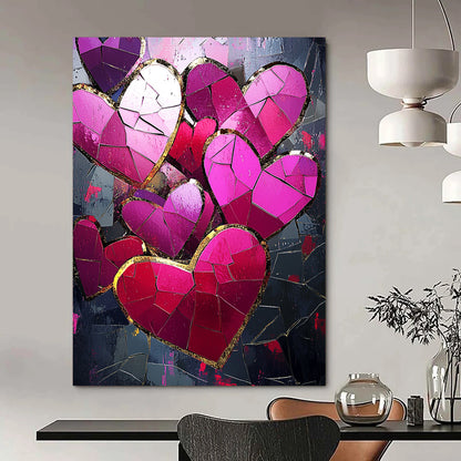 Contemporary abstract artwork features vibrant pink and red hearts with gold foil accents against a dark background illuminated by a mosaic of broken glass pieces. DLZ1721