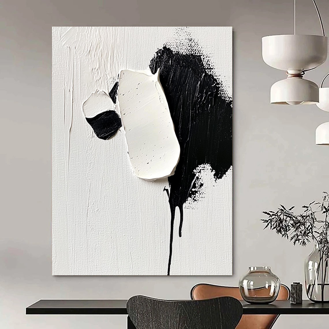 Contemporary hand-painted abstract art featuring a cute panda with detailed strokes of white and black on a minimalist background capturing softness and elegance. DLZ1737