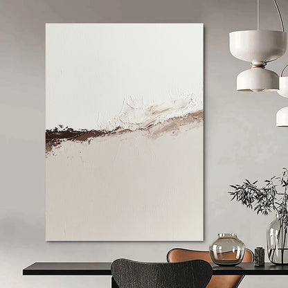 Contemporary abstract oil painting showcasing the tranquil boundary of water and desert sand in muted neutral tones with rich brown accents. DLZ1312