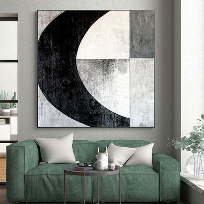 Black, White, Gray, Textured Crescent "Midnight Moon" Abstract Expressionist Painting On Canvas HB104