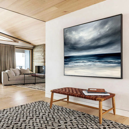 Gray, Blue, White and Beige Dramatic Seaside "Stormy Horizon" Painting On Canvas HB0675