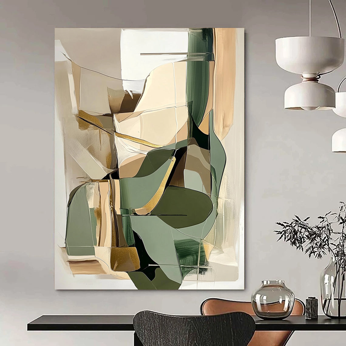 Contemporary hand-painted abstract artwork featuring beige and sage green shapes with gold accents perfect for modern interior design. DLZ0793