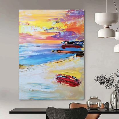 Contemporary abstract beach artwork features a vibrant sunset with colorful waves and boats under a dreamy pastel sky and soft white sand below. DLZ1504