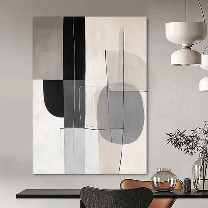 Contemporary hand-painted abstract artwork featuring gray, white, and black shapes that embody the elegance and simplicity of Japandi style. DLZ1050