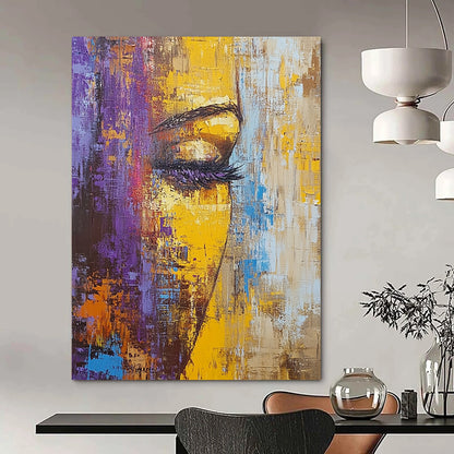 Contemporary hand-painted abstract artwork featuring textured palette knife techniques and vibrant hues of brown yellow purple and blue in an old cityscape. DLZ0581