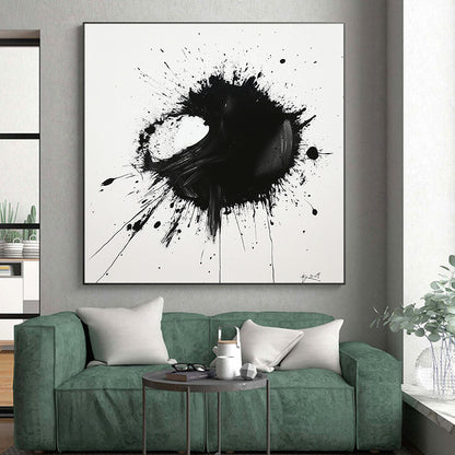 Black Asymmetric Splatter on White - “Unbalanced Ink Drama” Painting On Canvas HB219
