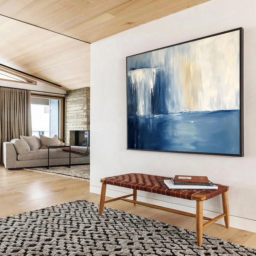 “Blue and White Abstract Waterfall” - Blue, White, Abstract Waterfall Scene Painting On Canvas HB1006