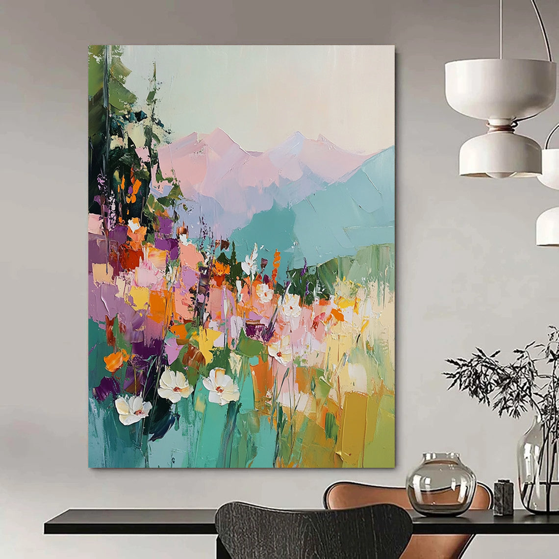 Vibrant contemporary abstract painting with thick brushstrokes depicting colorful wildflowers mountains and a dramatic sky in rich hues. DLZ0418