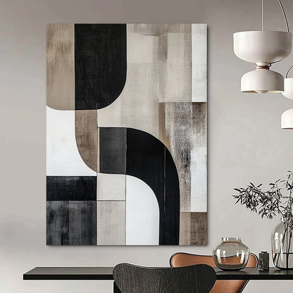 Contemporary abstract artwork features curved shapes and lines in cool grays with striking contrasts, creating a minimalist depth without any text. DLZ0856