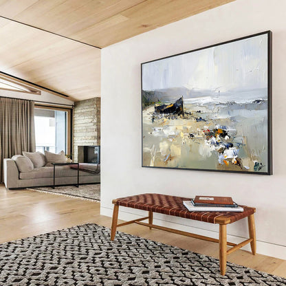 “Beached Boat Impasto Scene” - Browns, Grays, Whites, Boat on Beach - Textured Oil Painting HB1589