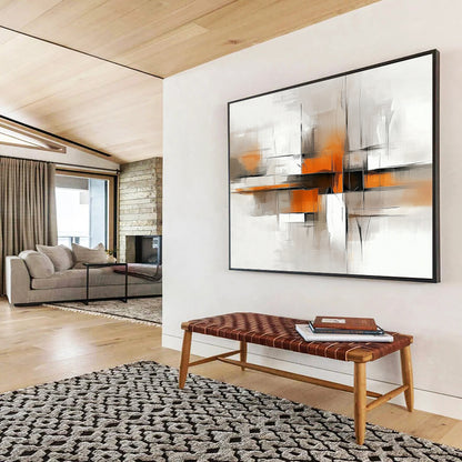 “Geometric Abstract in Gray and Orange” - Gray, orange, white, black; Geometric abstract with lines and blocks; Acrylic Painting On Canvas HB1219