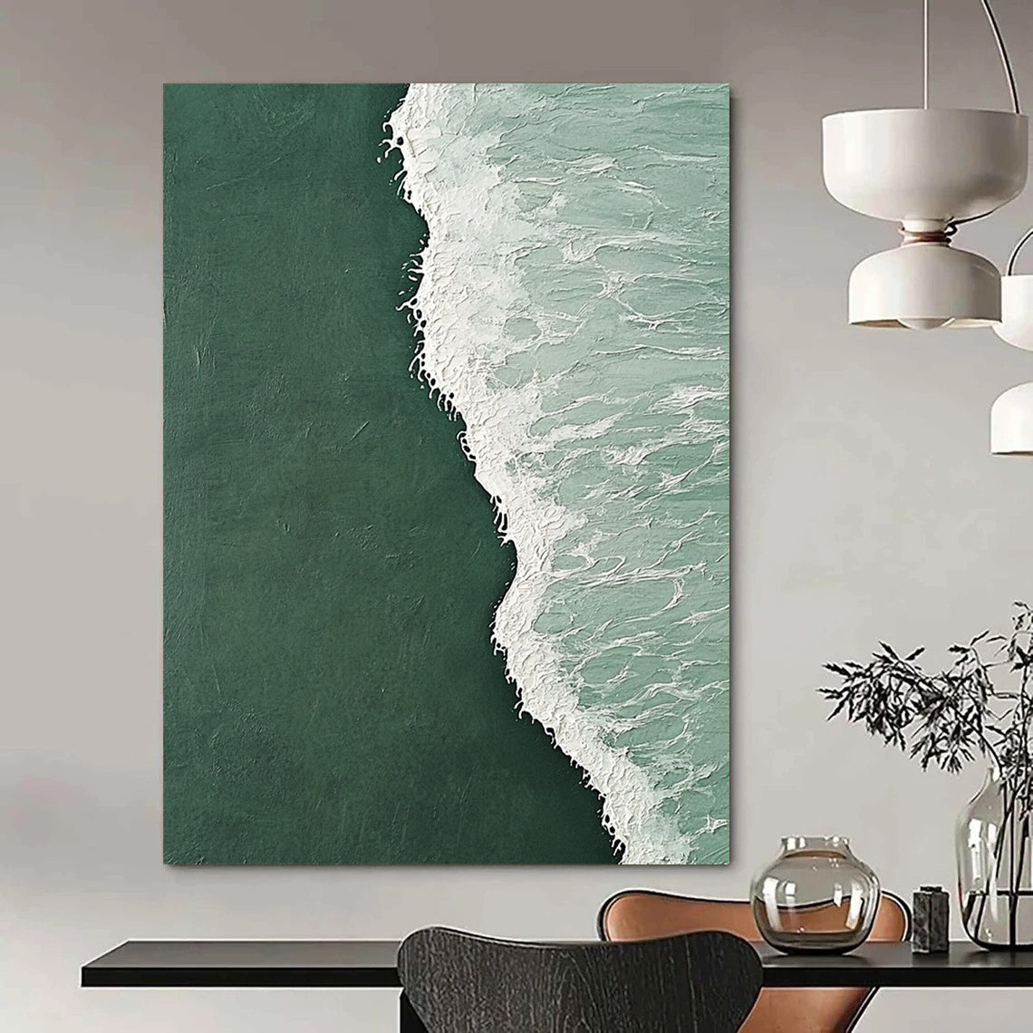 Contemporary hand-painted abstract artwork depicting a serene clash of dark green and light white ocean waves with intricate designs and a cool backdrop. DLZ1183