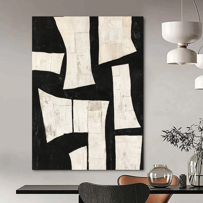 Contemporary hand-painted abstract art featuring deconstructed minimalist shapes and torn paper collage in dynamic white on black. DLZ0303