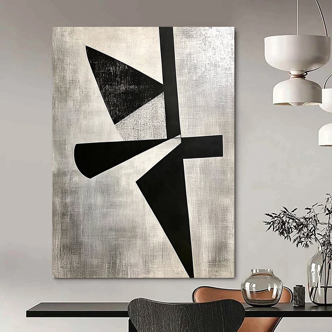 Contemporary hand-painted abstract art featuring high contrast shapes, cut paper collage, and negative space on a gray background in El Lissitzky style. DLZ1143