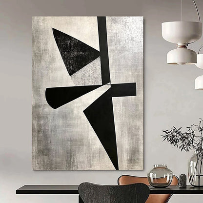 Contemporary hand-painted abstract art featuring high contrast shapes, cut paper collage, and negative space on a gray background in El Lissitzky style. DLZ1143