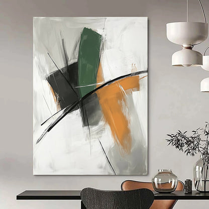 Large contemporary hand-painted abstract art with a white background and serene shapes featuring green lines, orange tones, black accents, and calming colors. DLZ0928