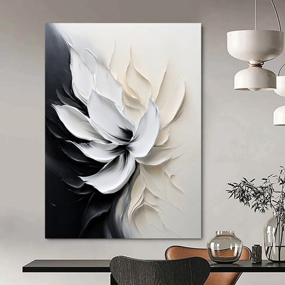 Contemporary abstract flower painting with smooth brushstrokes and monochrome palette evokes tranquility and elegance through delicate petal details and soft lighting. DLZ0828