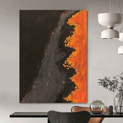 Contemporary abstract artwork capturing an aerial scene of an orange and black river with dark brown water and yellow flowers lining the banks. DLZ0839