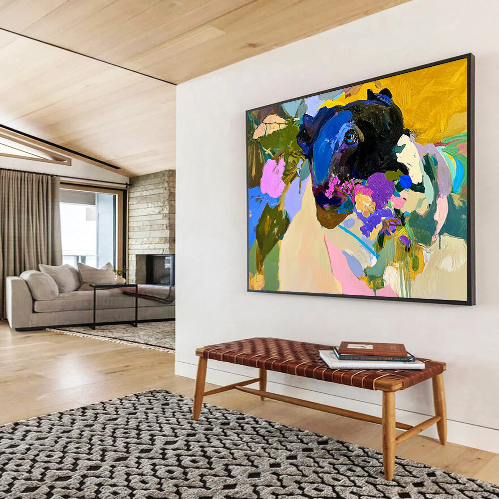 “Colorful Dog with Flowers” - Black dog, colorful flowers, vibrant background, Expressive Animal Painting On Canvas HB0600