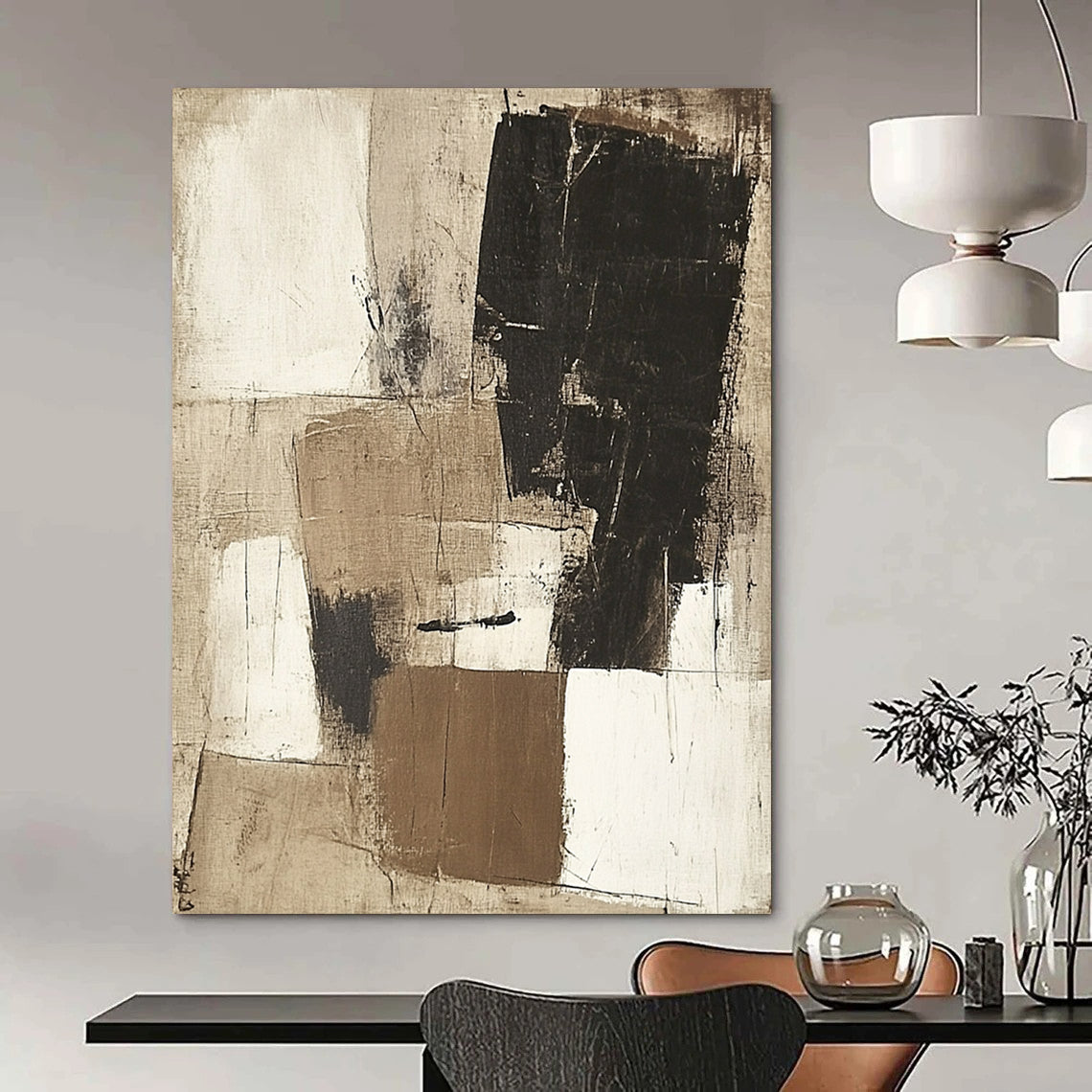 Contemporary hand-painted abstract art featuring large beige white and black squares with textured depth and harmonious yet chaotic forms. DLZ1036
