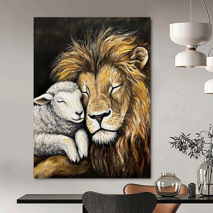 Contemporary abstract painting depicting a lion and lamb in peaceful slumber on a black canvas showcasing harmony and friendship. DLZ1300