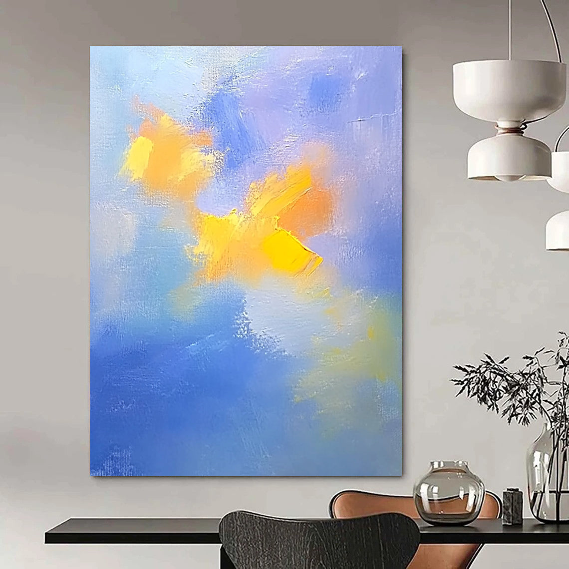 Contemporary abstract painting featuring soft blue and yellow clouds with gentle oil strokes on canvas, inspired by the style of Cuno Amiet. DLZ0354