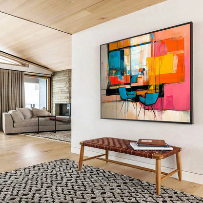 “Vibrant Interior Abstraction” - Multicolor, Abstract Interior Scene with Chairs HB1119