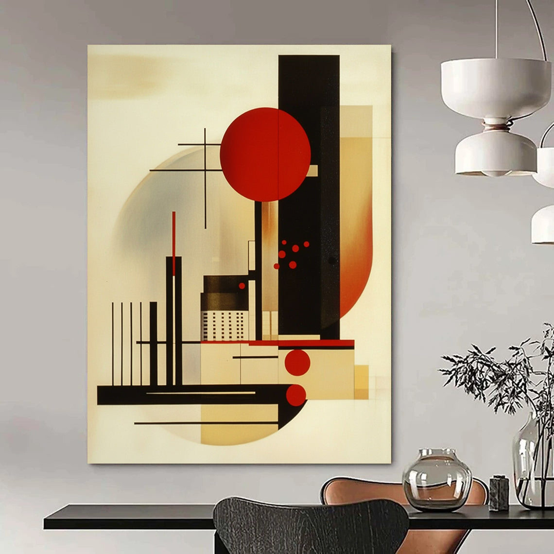 Contemporary hand-painted abstract art featuring geometric shapes primary colors black lines and red dots balanced composition with an abstract cityscape and figures. DLZ1419