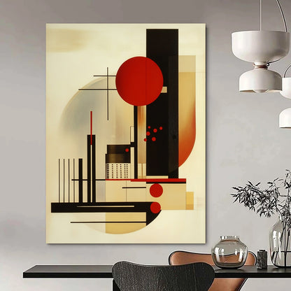 Contemporary hand-painted abstract art featuring geometric shapes primary colors black lines and red dots balanced composition with an abstract cityscape and figures. DLZ1419