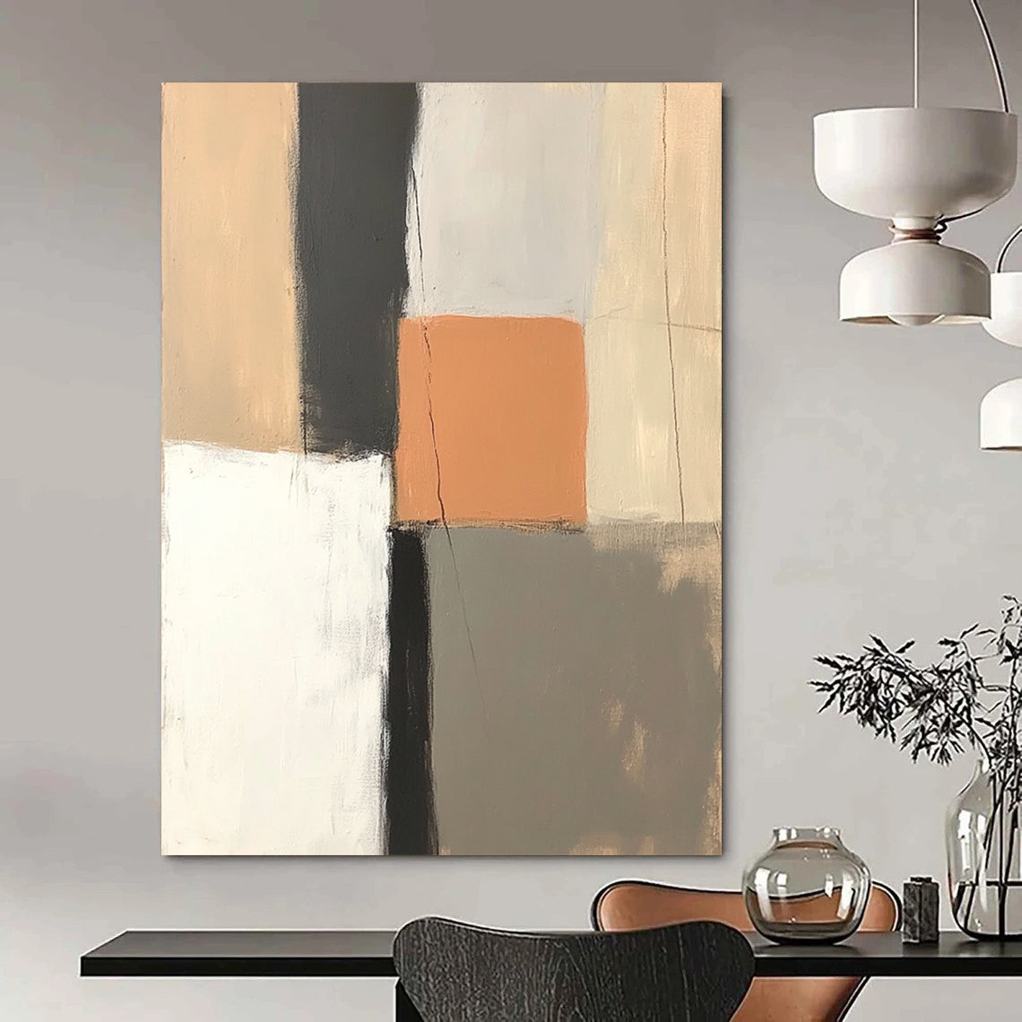 Contemporary hand-painted abstract artwork featuring muted pastel shades with an orange square and contrasting black line for a serene ambiance. DLZ1319