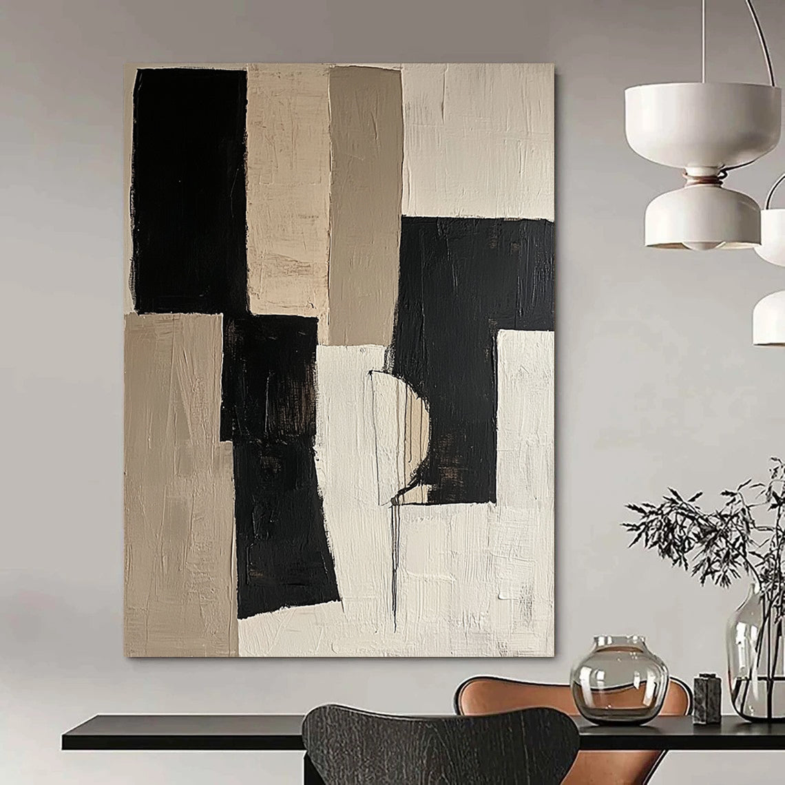 Contemporary abstract artwork featuring black and beige color blocks on a white background with organic shapes in mixed media and fragmented canvas. DLZ0688