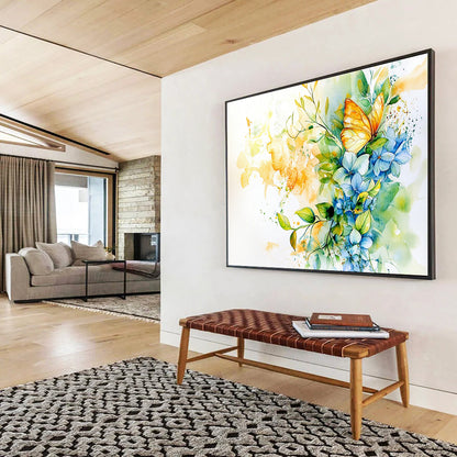 “Vibrant Butterfly & Blooms” - Blue, Yellow, Butterfly, Flowers Painting On Canvas HB0761