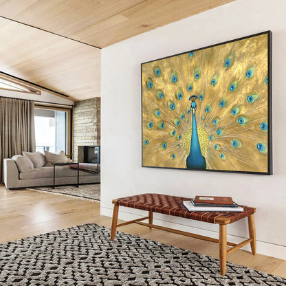 “Golden Peacock Display” - Gold, Blue, Green, Ornate Animal Painting On Canvas HB0687