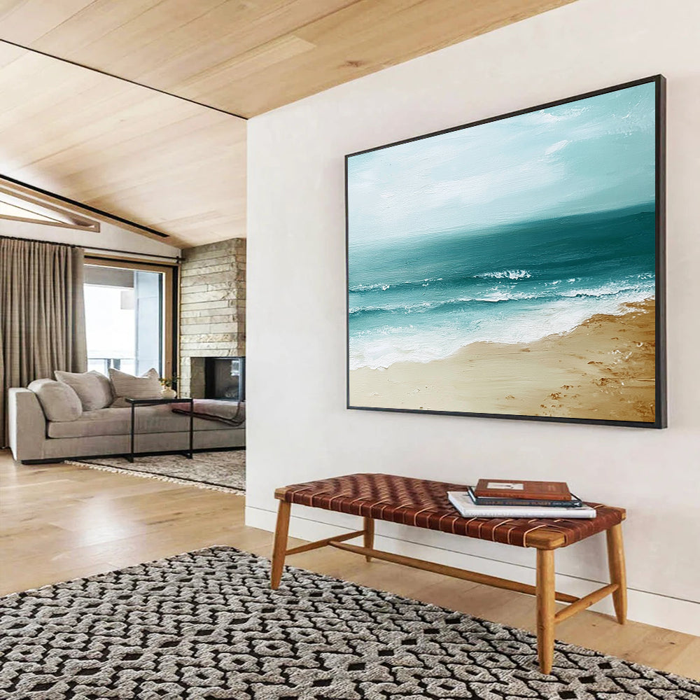 “Serene Seashore” - Blues, Browns, Whites, Calm Beach - Minimalist Acrylic Painting HB1599