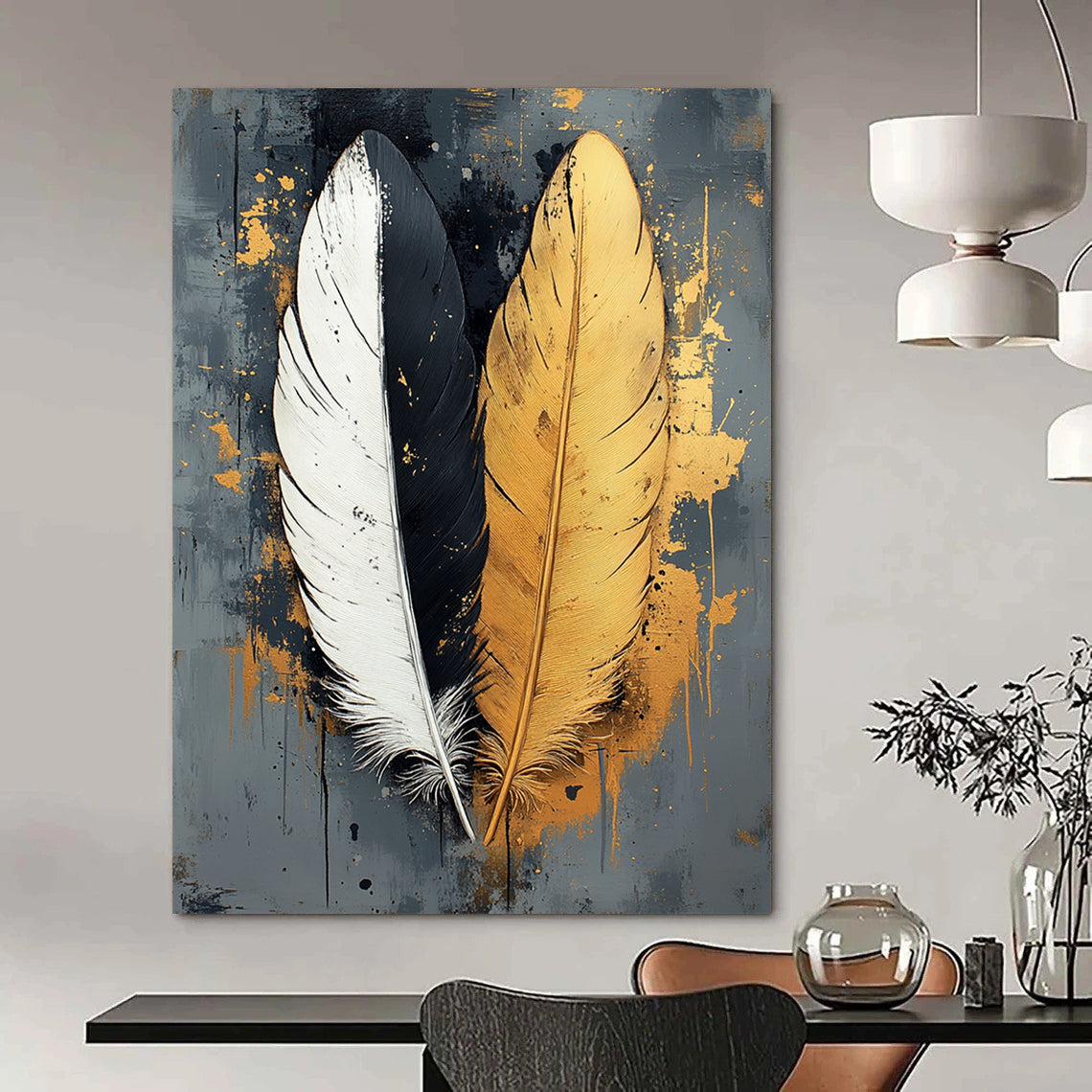 Contemporary abstract art featuring two feathers one white one black with gold accents on a textured grey canvas perfect for modern decor. DLZ1716